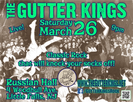 Flyer for Gutter Kings gig 26Mar2016 Little Falls, NJ