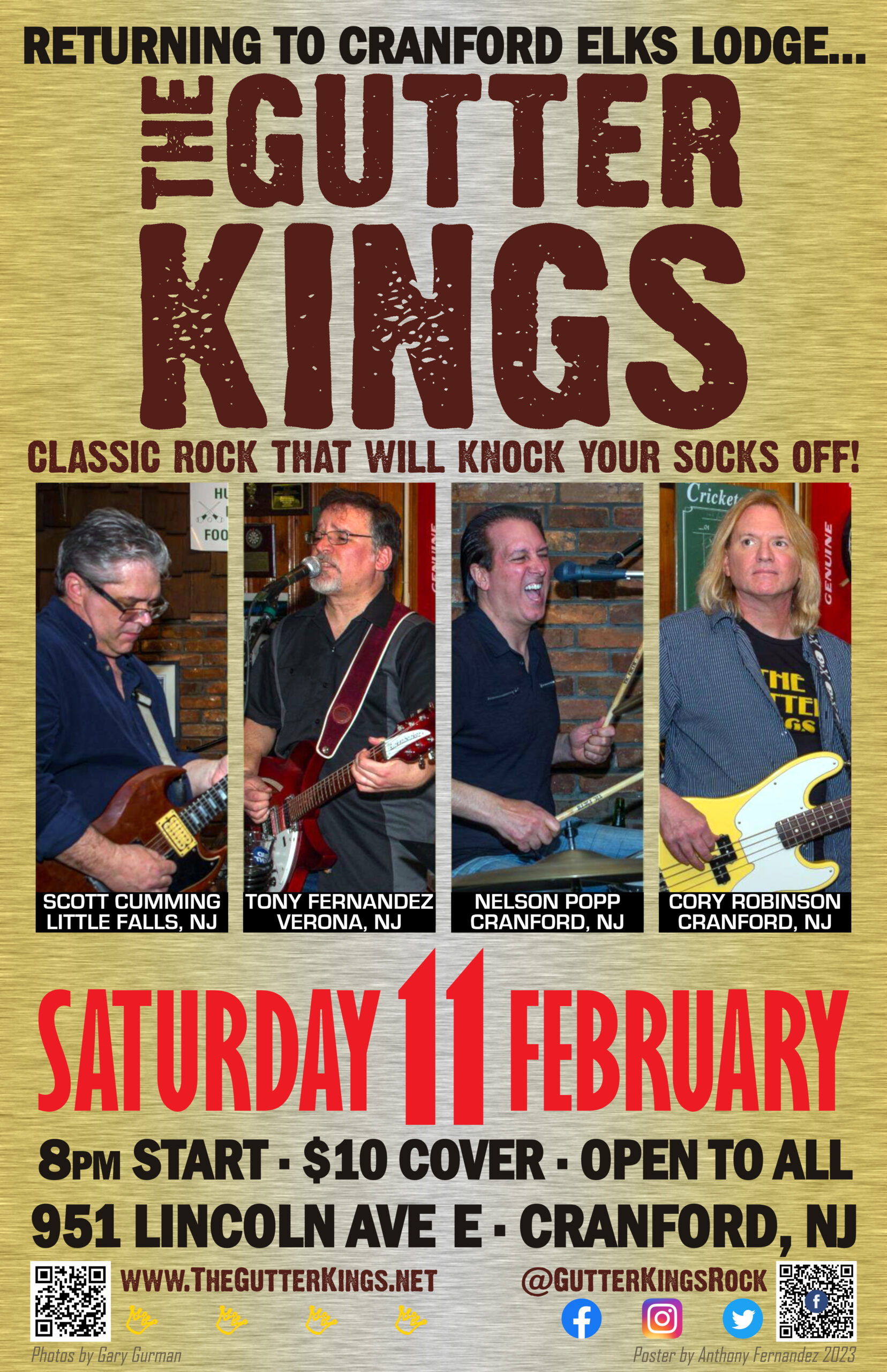 Poster for Gutter Kings show at Cranford Elks, Feb 11, 2023.